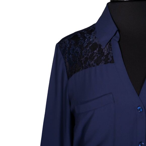 Express Women's Shirt Button Up Blue Floral Lace V-Neck Slim Fit Blouse Top M - Picture 5 of 11